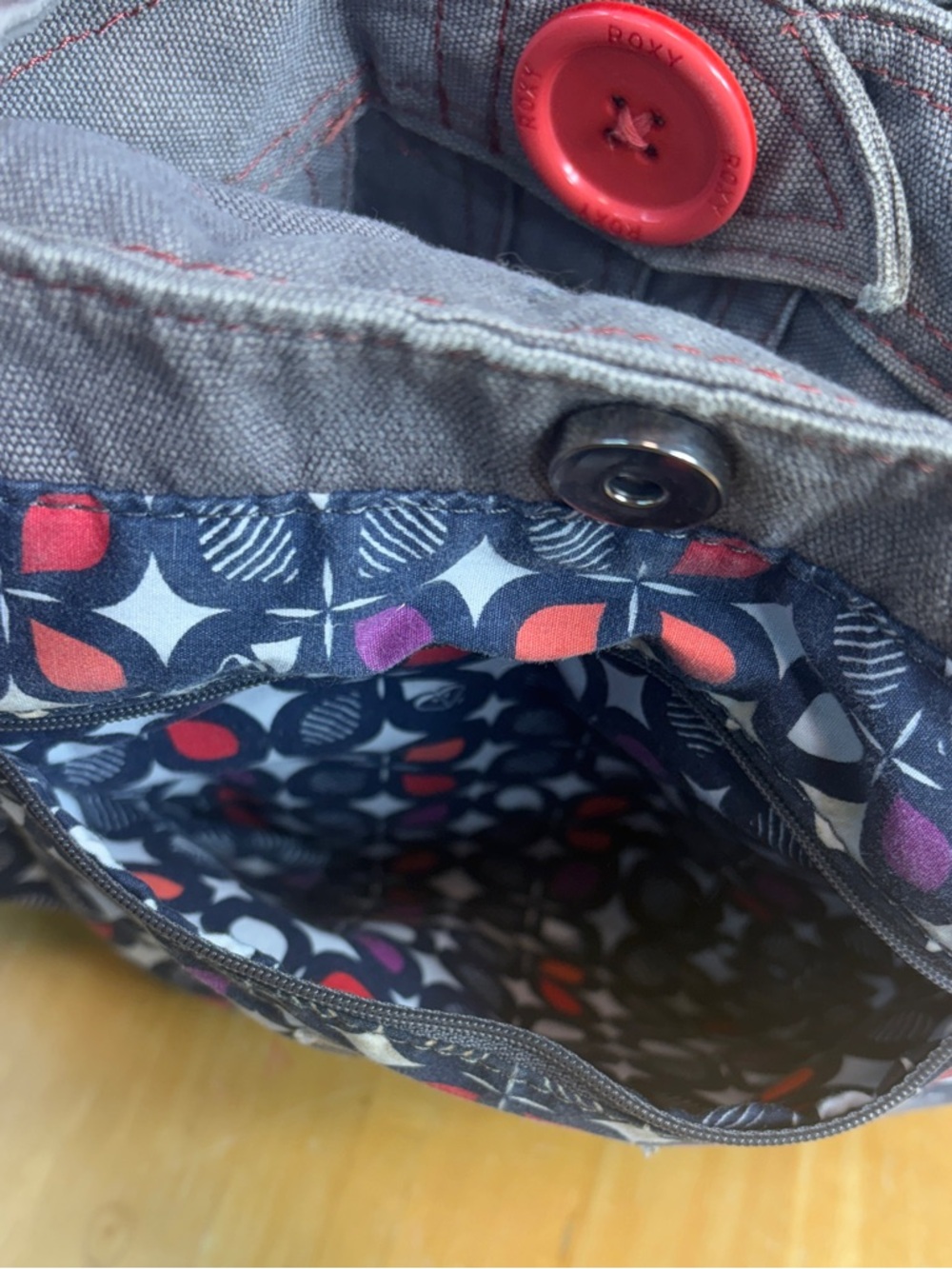 Roxy Denim Purse Tote Gray Blue Salmon Pink Button Pleats Y2K Satchel Straps - Picture 5 of 10